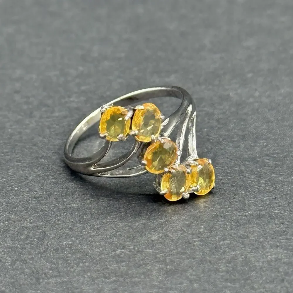 Vintage 925 S Silver Yellow Citrine Multi-Stone Bypass Cluster Ring Size 8